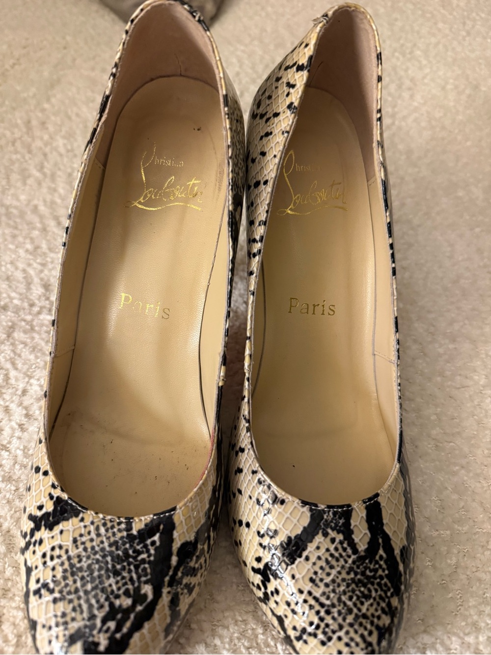 Christian Louboutin Beige and Black Snake-Print Pointed Toe Pumps